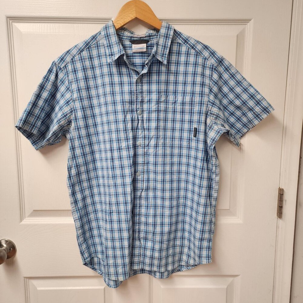 Columbia Rapid Rivers Short Sleeve Button-Up Shirt, blue/white plaid, size large